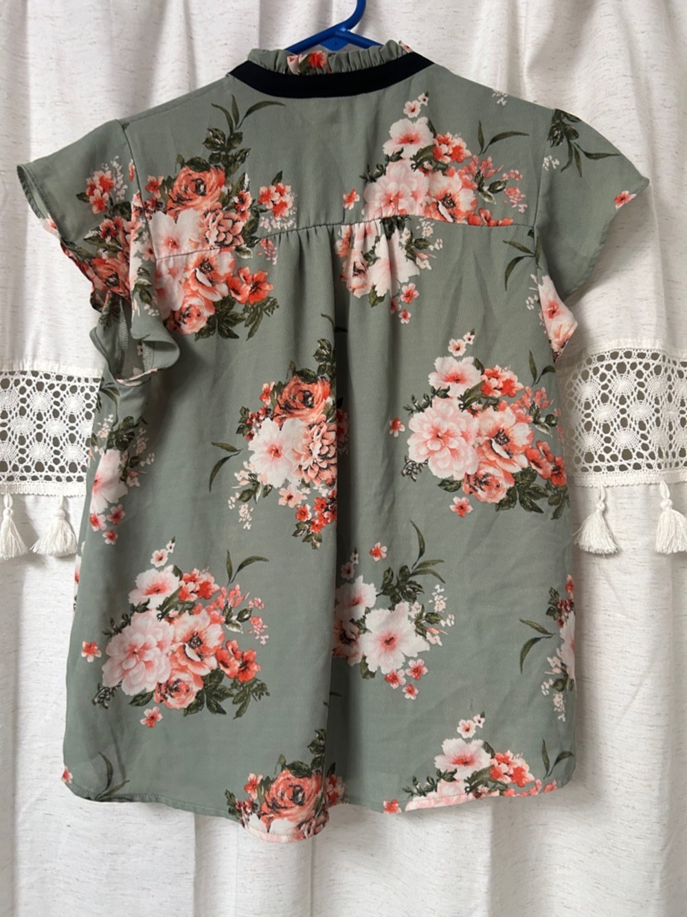 mine Sage Green Floral Ruffle Tie-Neck Blouse with Black Trim - Picture 4 of 4